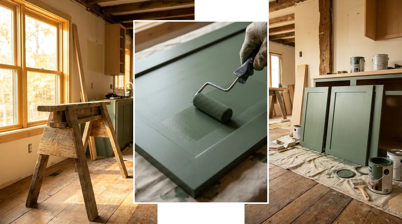 Kitchen cabinet door being painted sage green on a sawhorse